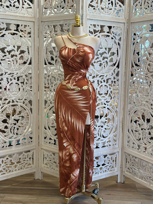 Brown Palm Leaves Dress- Estira, Stretchy