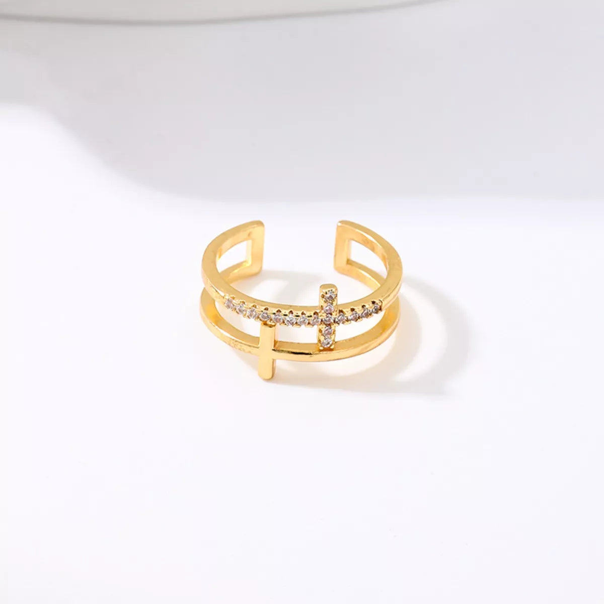 18K Gold-Plated Rhinestone Cross Open Ring