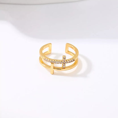 18K Gold-Plated Rhinestone Cross Open Ring