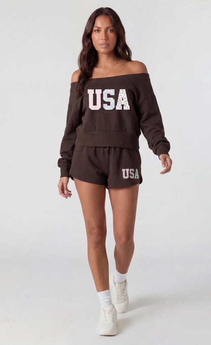 Fleece Graphic Off Shoulder Sweatshirt