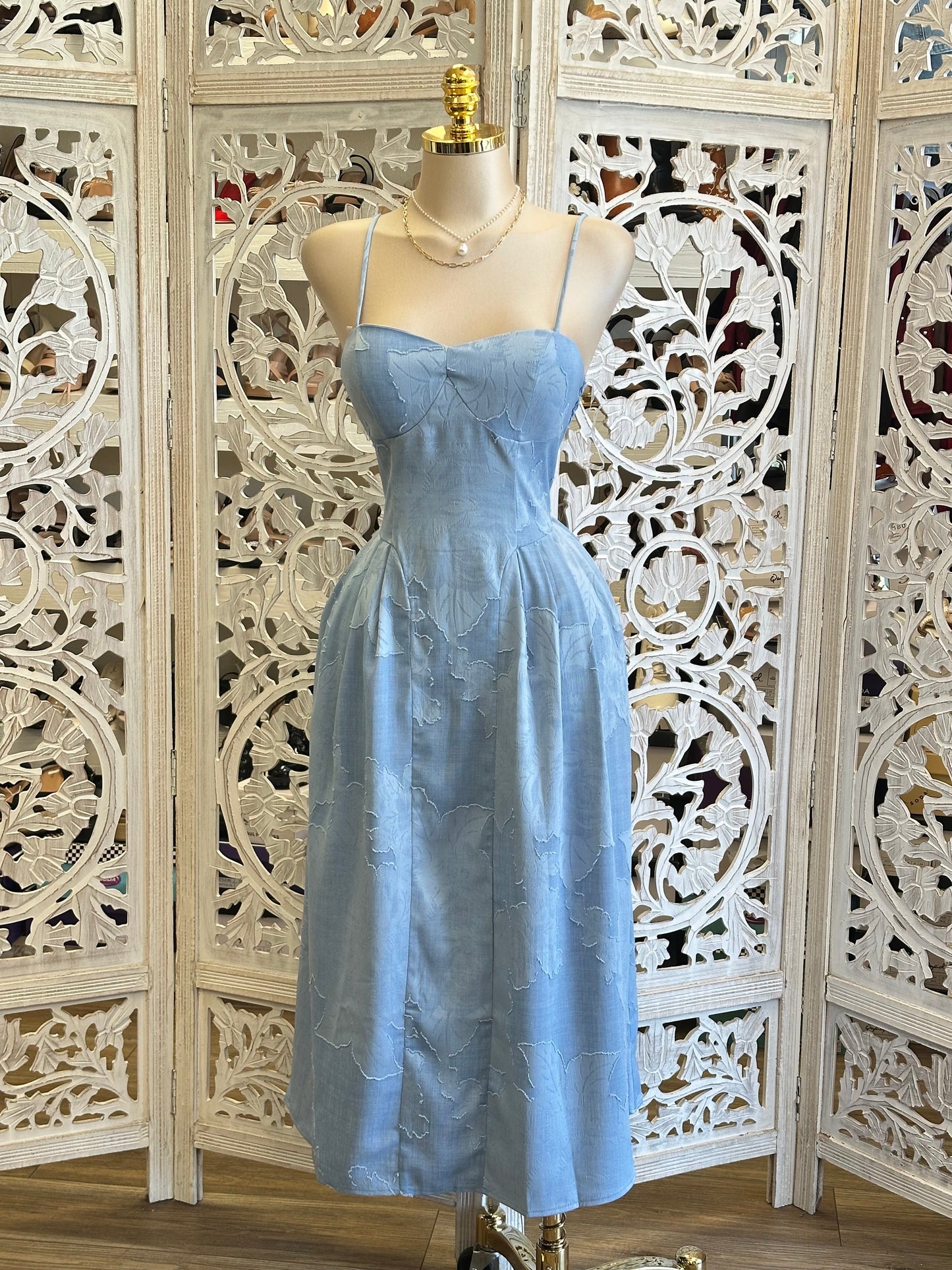Denim Blue Floral Midi Dress-Stretchy, Estira