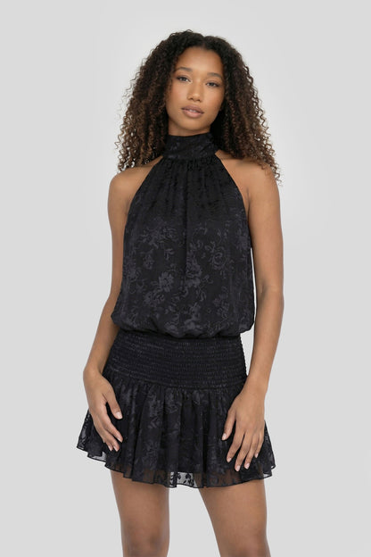 Lace Cinched Waist Mini Halter Dress