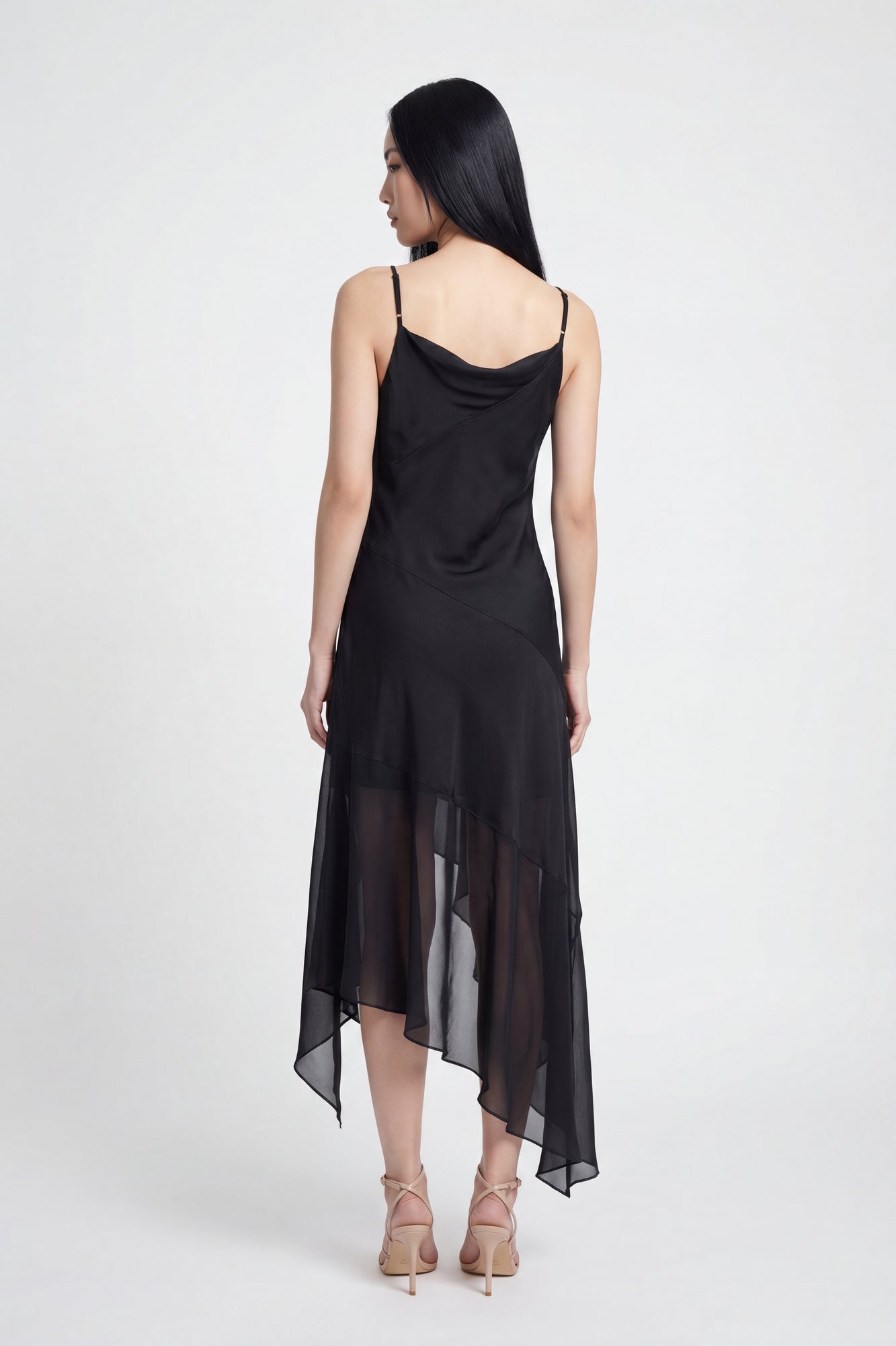 Chiffon Cowl Neck Asymmetrical Midi Dress