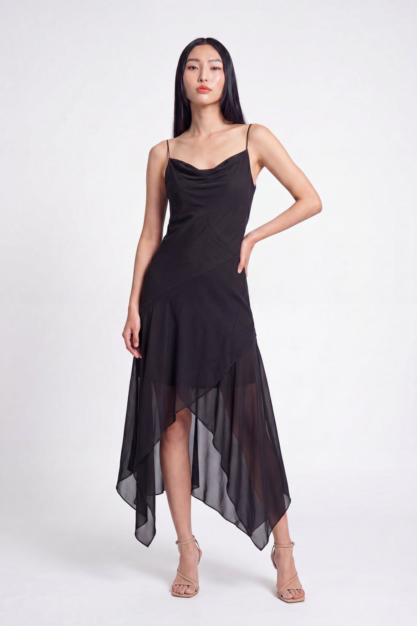 Chiffon Cowl Neck Asymmetrical Midi Dress