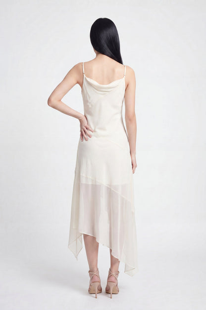 Chiffon Cowl Neck Asymmetrical Midi Dress