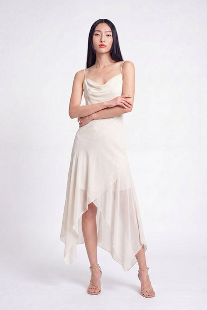 Chiffon Cowl Neck Asymmetrical Midi Dress