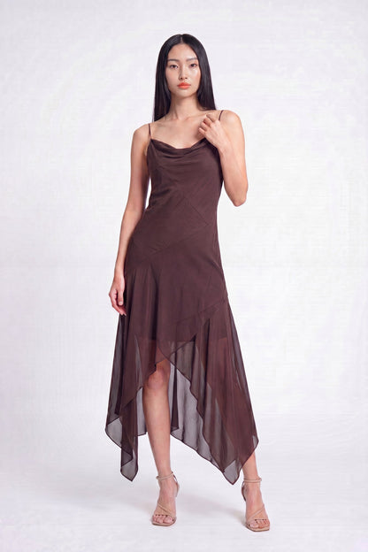 Chiffon Cowl Neck Asymmetrical Midi Dress