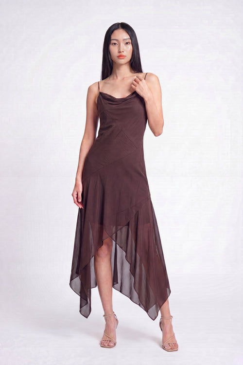 Chiffon Cowl Neck Asymmetrical Midi Dress
