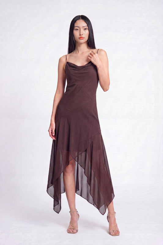 Chiffon Cowl Neck Asymmetrical Midi Dress