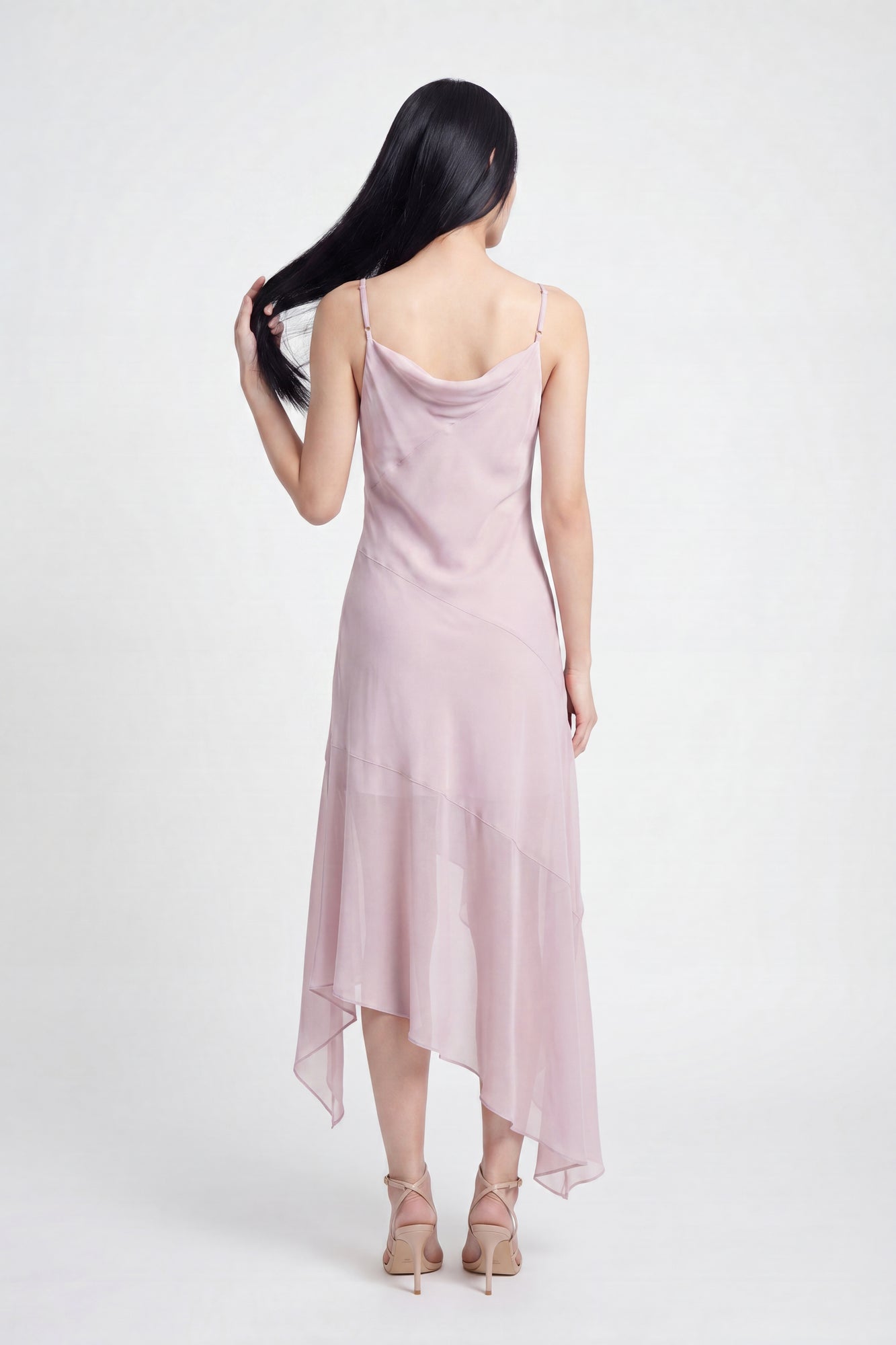 Chiffon Cowl Neck Asymmetrical Midi Dress