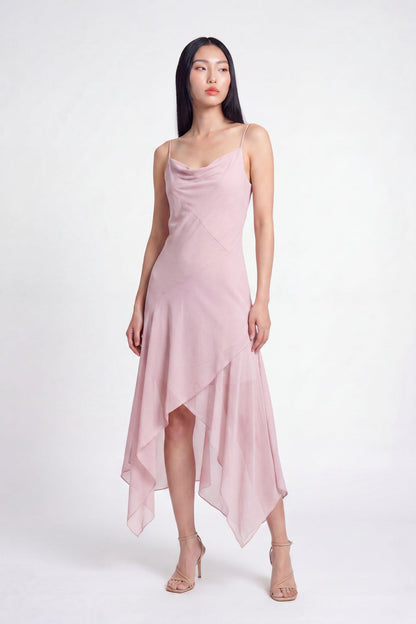 Chiffon Cowl Neck Asymmetrical Midi Dress
