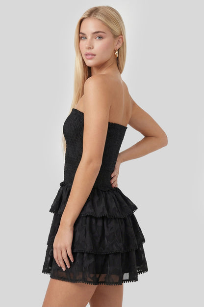 Smocked Ruffle Tiered Strapless Mini Dress