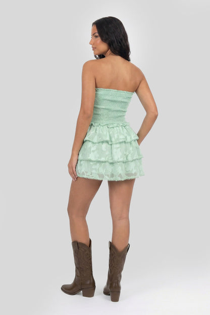 Smocked Ruffle Tiered Strapless Mini Dress
