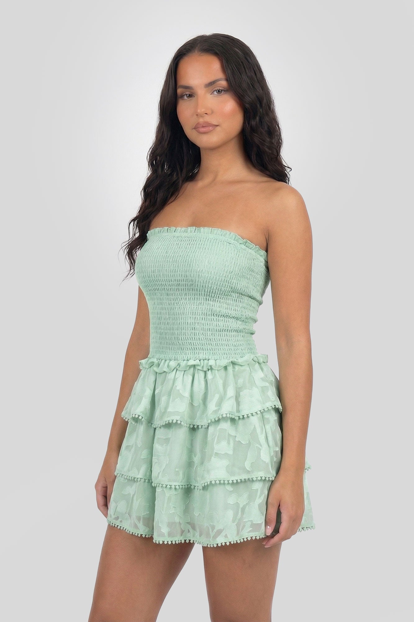 Smocked Ruffle Tiered Strapless Mini Dress