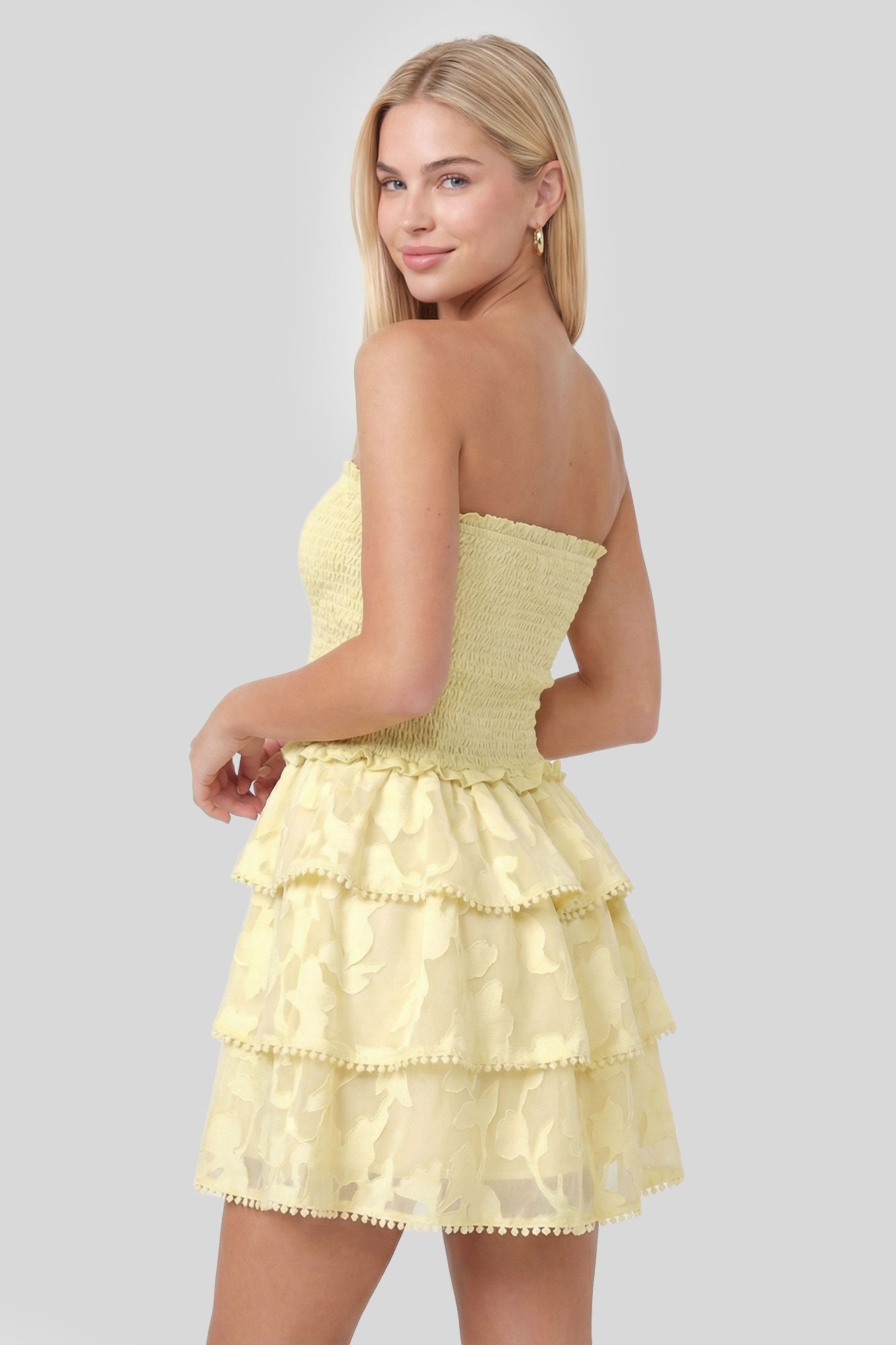 Smocked Ruffle Tiered Strapless Mini Dress