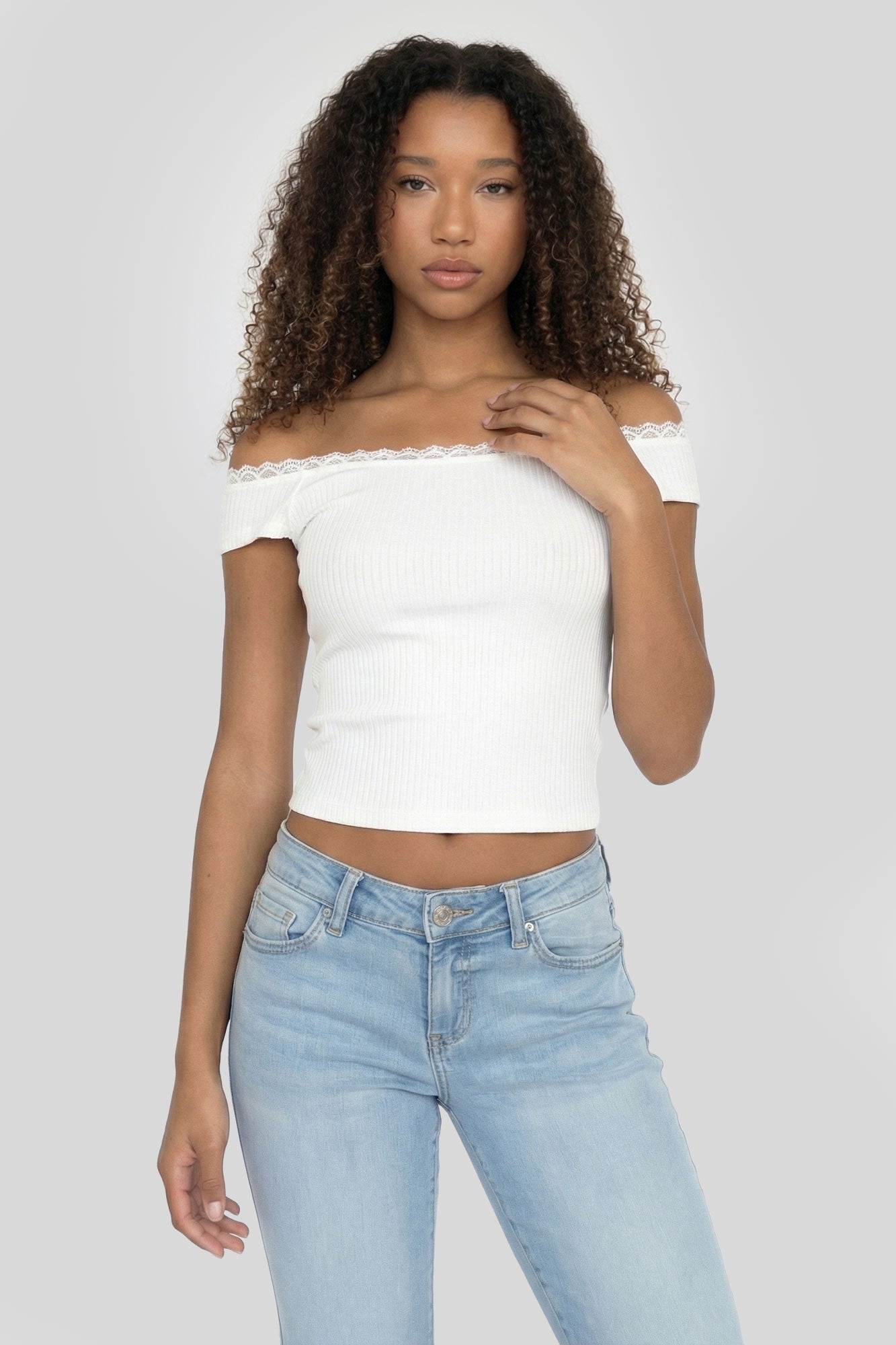 Ribbed Lace Trim Off Shoulder Top