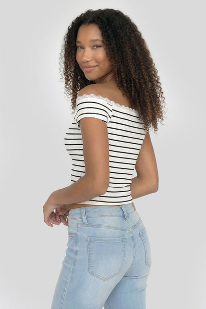 Ribbed Lace Trim Off Shoulder Top