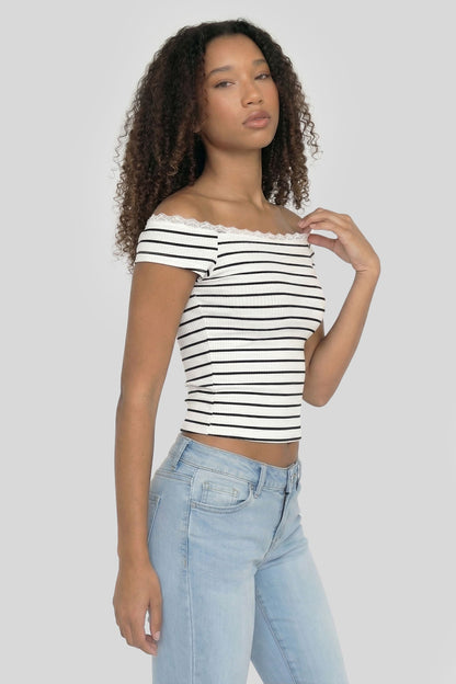 Ribbed Lace Trim Off Shoulder Top