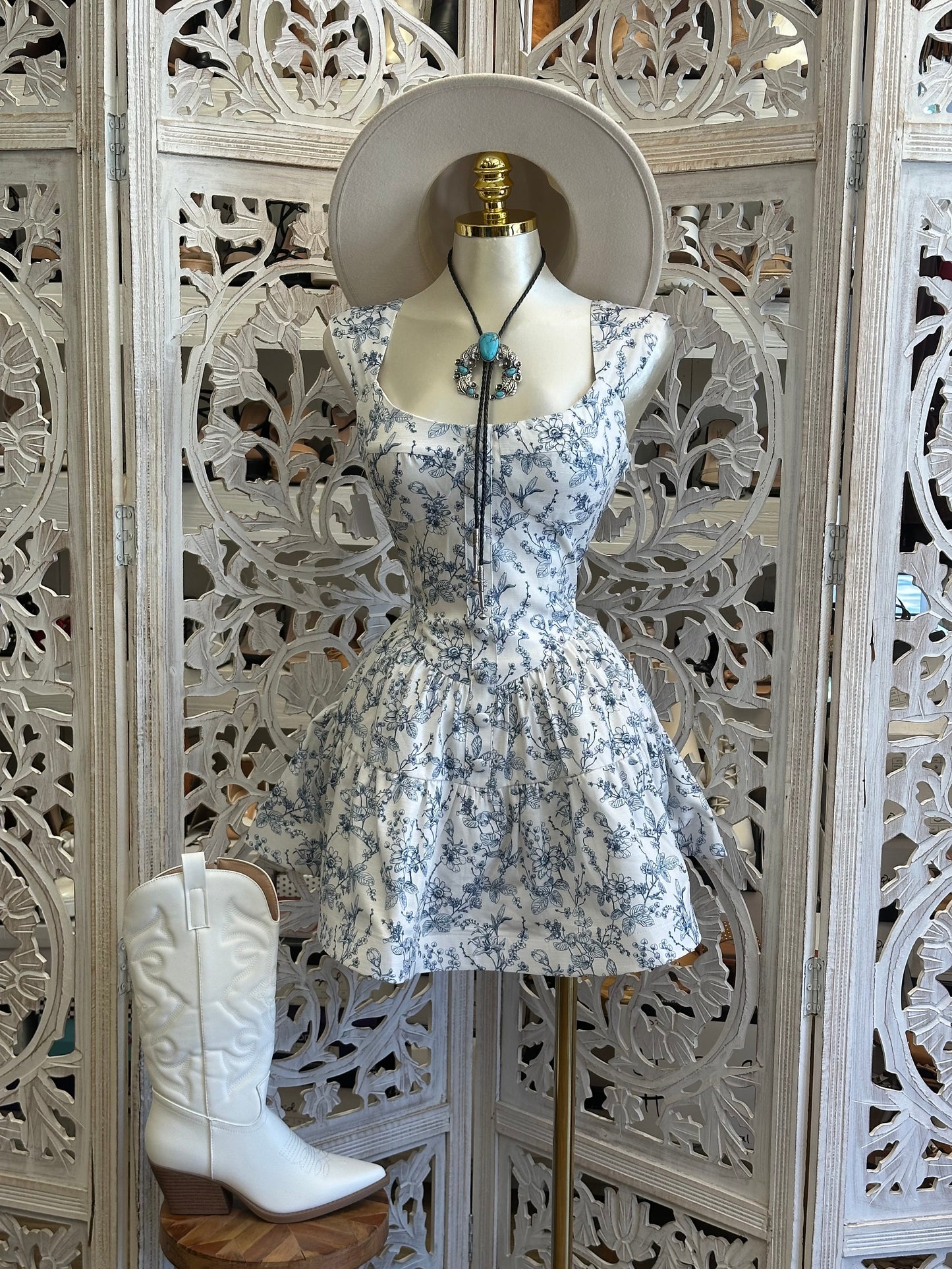Blue Print Corset Dress- Slightly Stretchy, Estira Poco