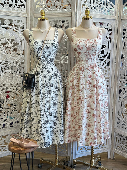 Square Neck Floral Print Dress- Estira, Stretchy