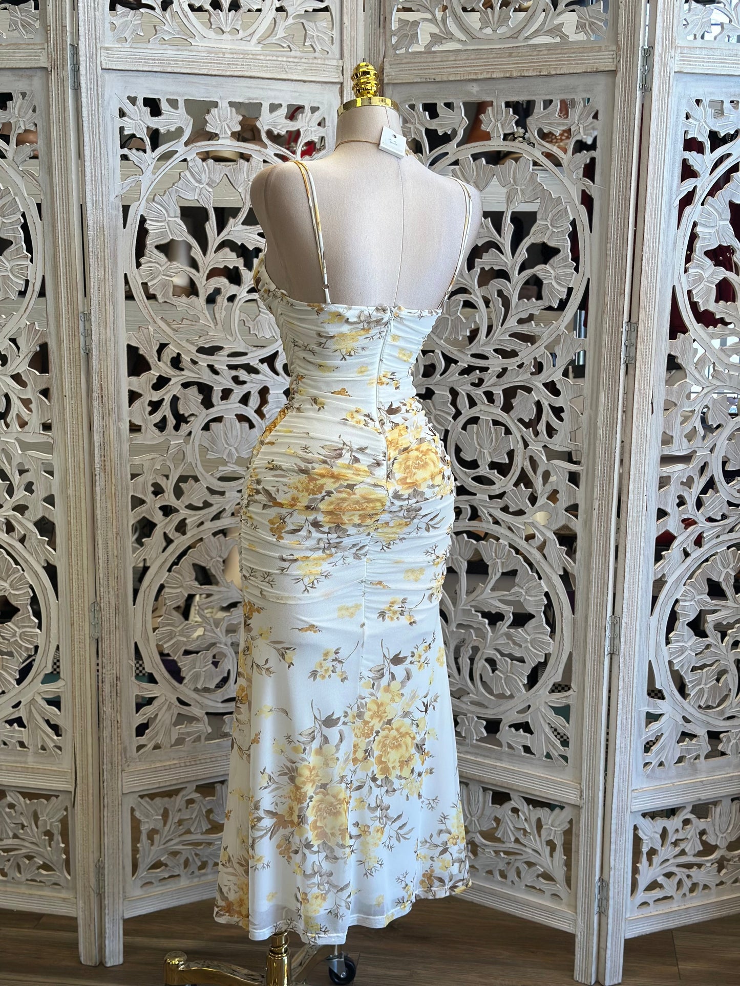 Draped Mesh Yellow Floral Dress- Stretchy, Estira