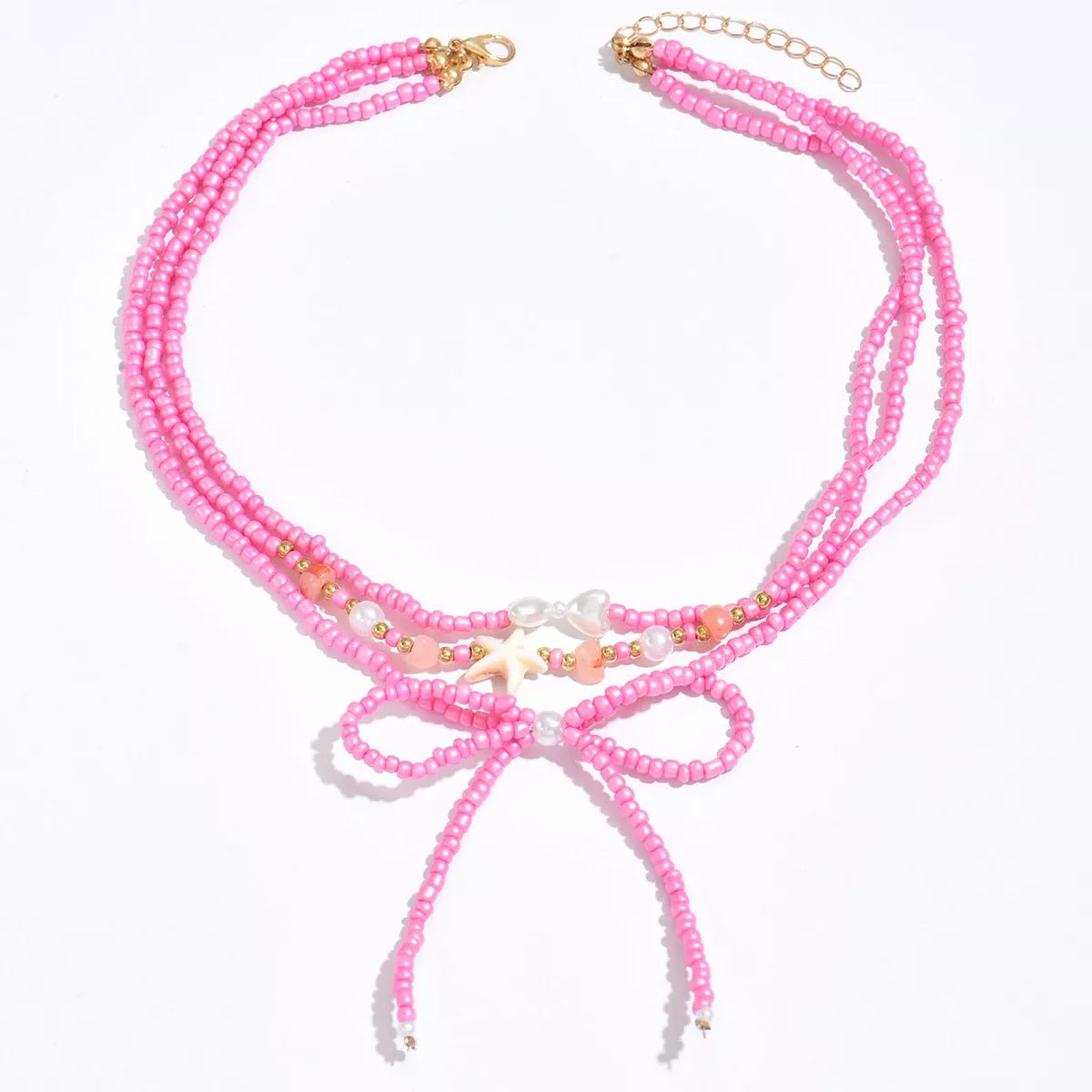 Beaded Three-Layered Necklace with Bow and Starfish Charms