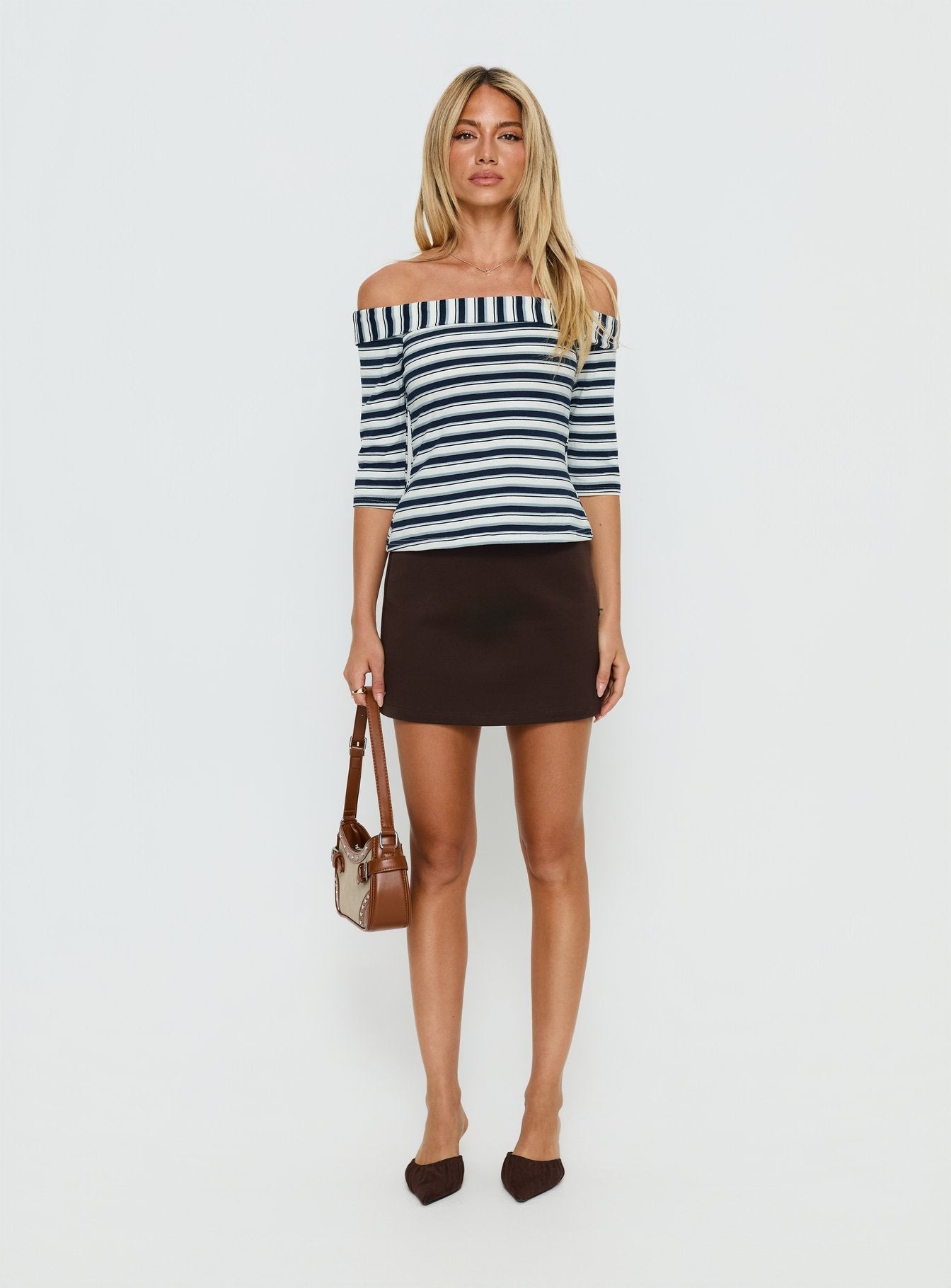 Shaylla Off Shoulder 3/4 Sleeve Top Blue Stripe