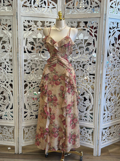 Earth Floral Ruffled Midi Dress -Not Stretchy, No Estira