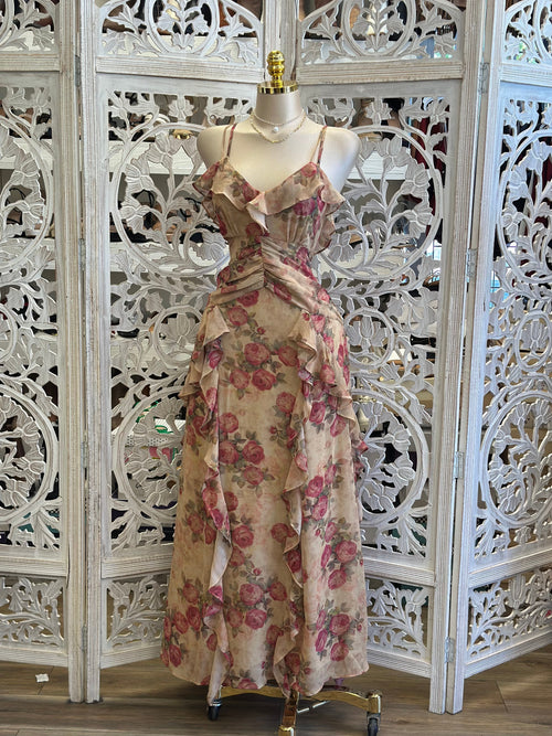 Earth Floral Ruffled Midi Dress -Not Stretchy, No Estira