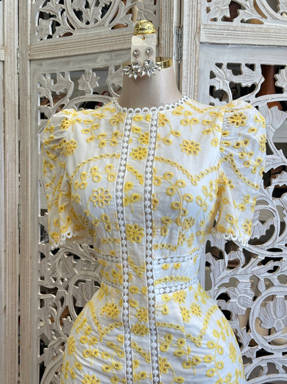 Yellow Eyelet Midi Dress- No Estira, Not Stretchy