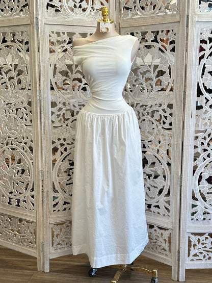 Asymmetrical White Midi Dress- Stretchy, Estira