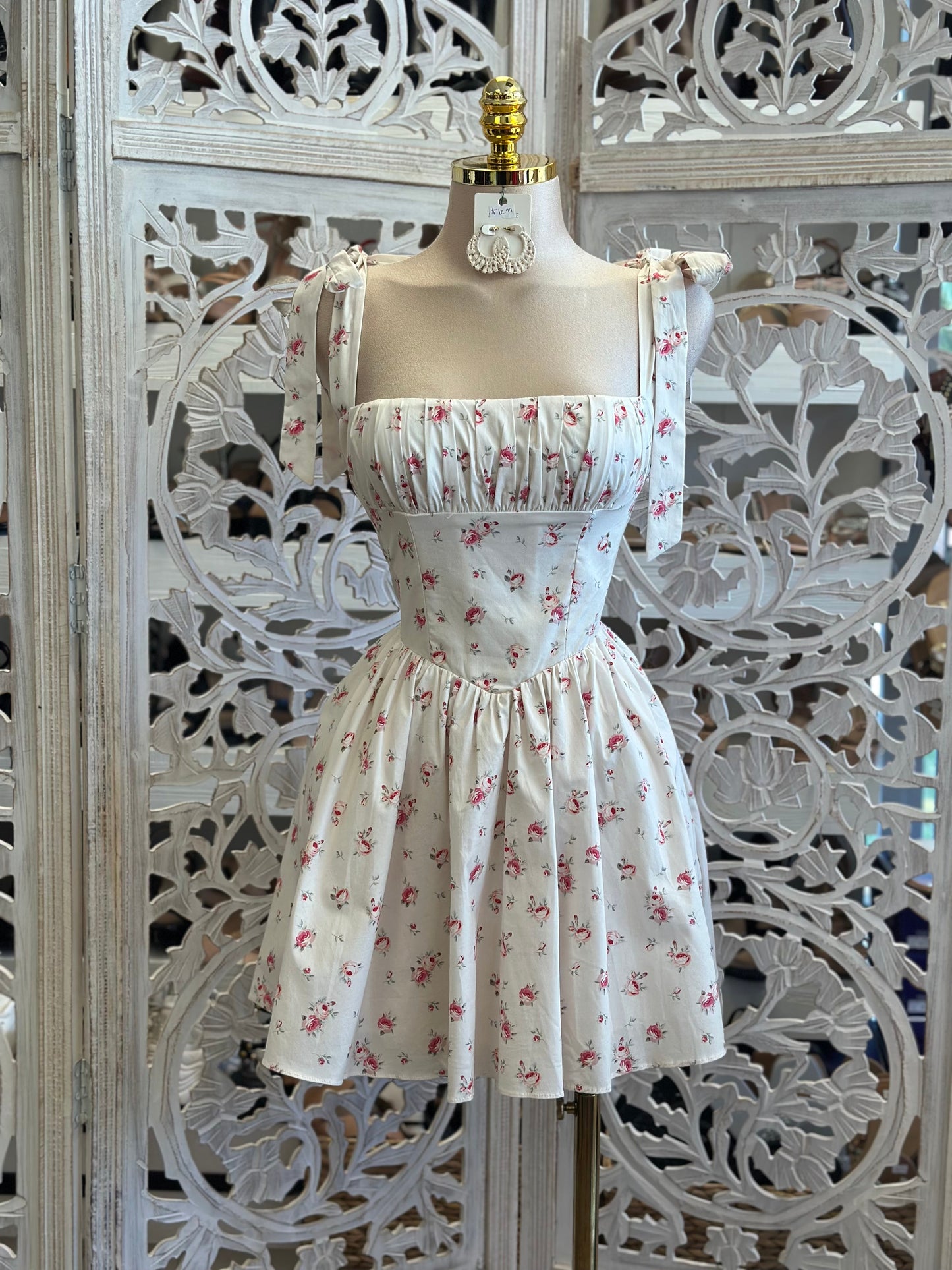 Floral Bow Strap Mini Dress- Not Stretchy ,No Estira