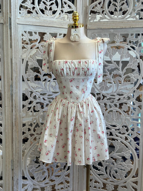 Floral Bow Strap Mini Dress- Not Stretchy ,No Estira