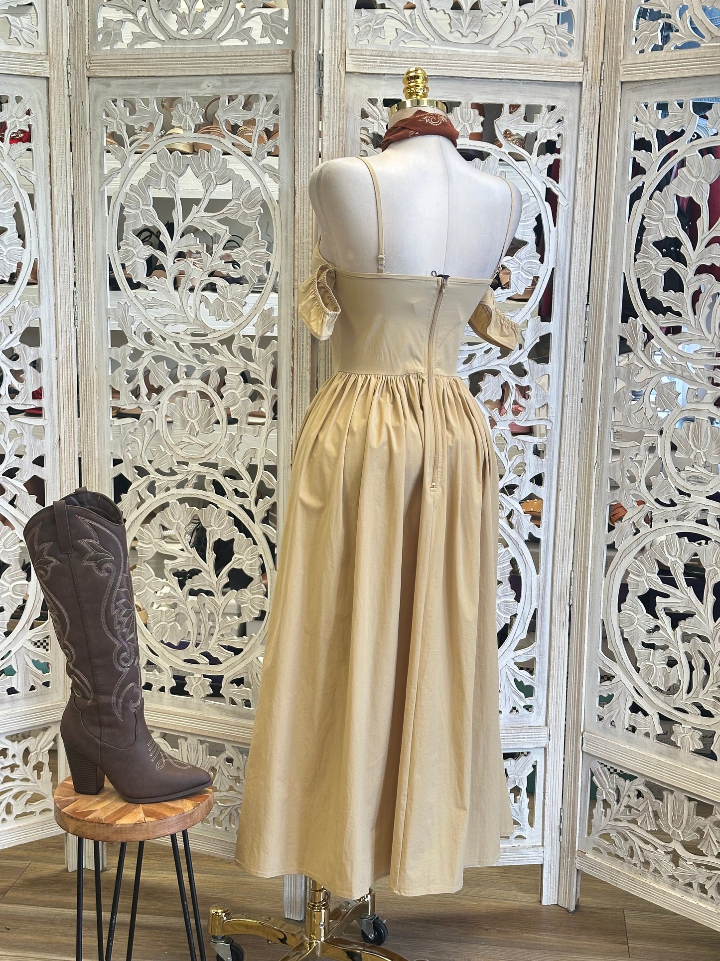 Soft Brown Corset Off Shoulder Midi Dress - Estira Poco, Slightly Stretchy