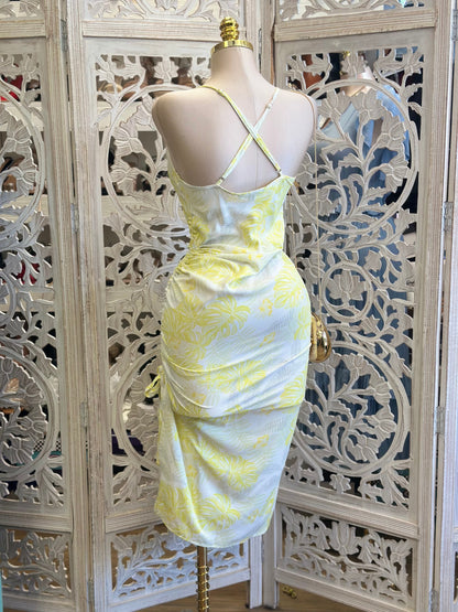 Leaf Pattern Yellow Ruched Dress -No Estira, Not Stretchy