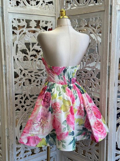 Bright Pink Strapless Floral Mini Dress- Slightly Stretchy , Estira Poco