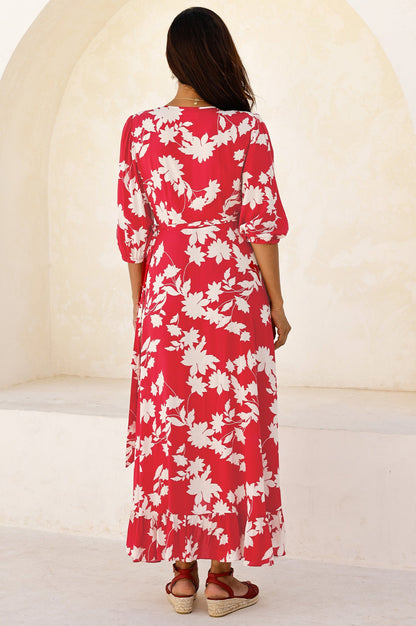 Ella EcoVero™ 3/4 Length Sleeve Wrap Dress | Red/Cream