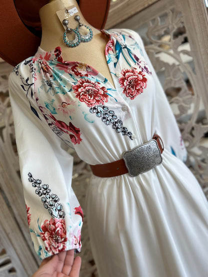 White Flower Border Midi Dress- Not Stretchy