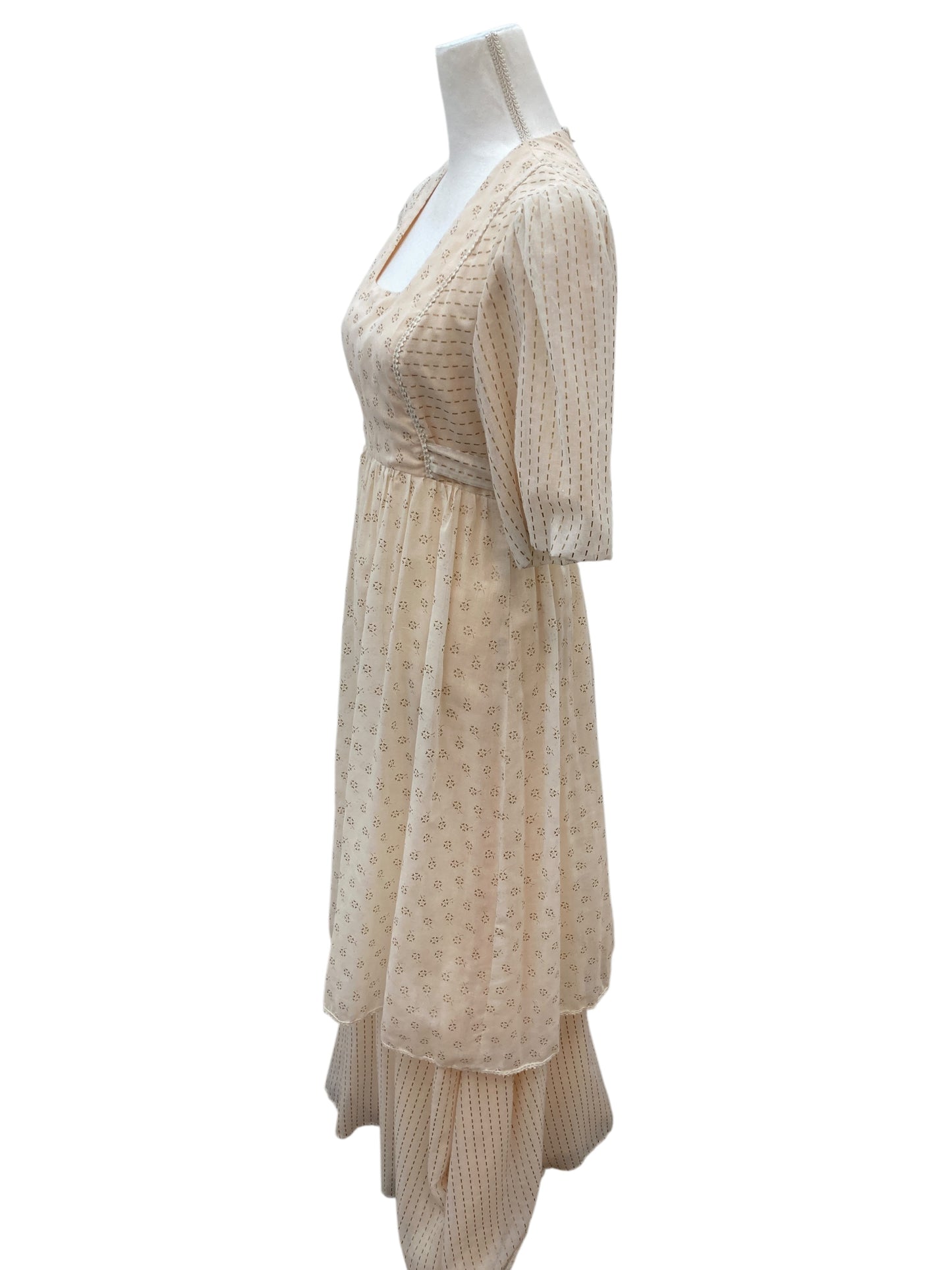 Vintage Summer Party Dress in Ivory/Gold Print, S/M