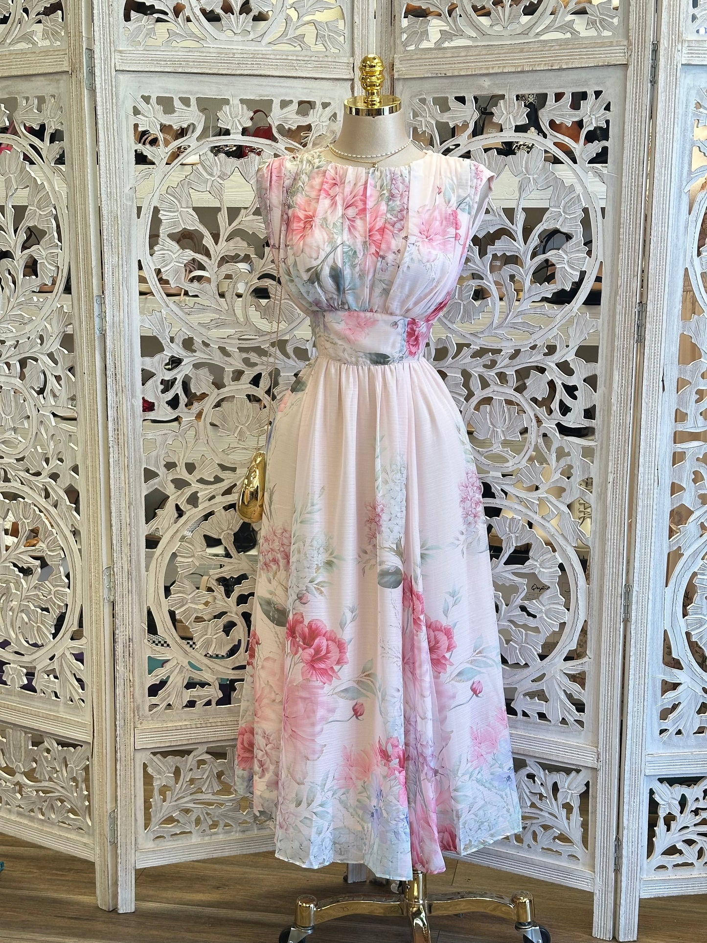 Boat Neck Floral Maxi  Pastel Dress-Stretchy, Estira