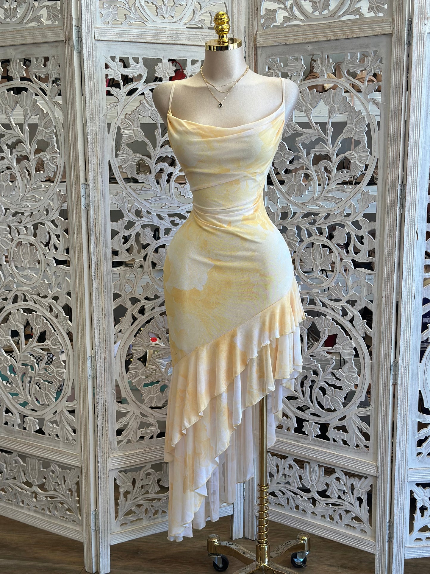 Yellow Print Asymmetrical Dress-Estira, Stretchy