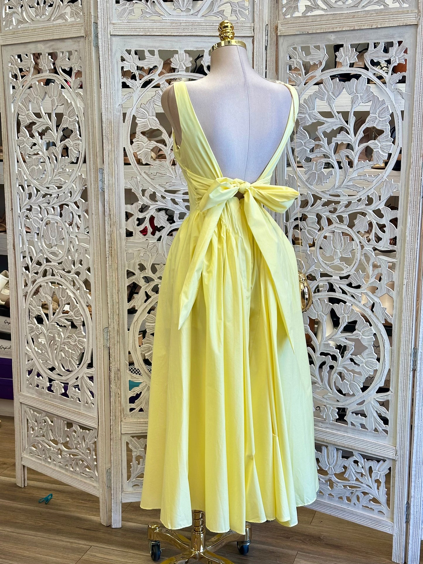 Yellow Tie Back Midi Dress- No Estira, Not Stretchy