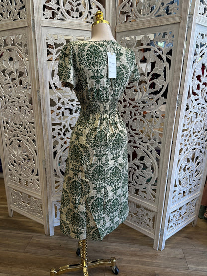 Green Pattern Midi Dress- Slightly Stretchy, Estira Poco