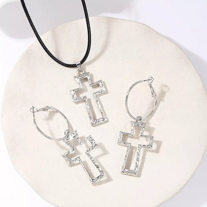 Cross Pendant Necklace & Hoop Earrings Jewelry Set