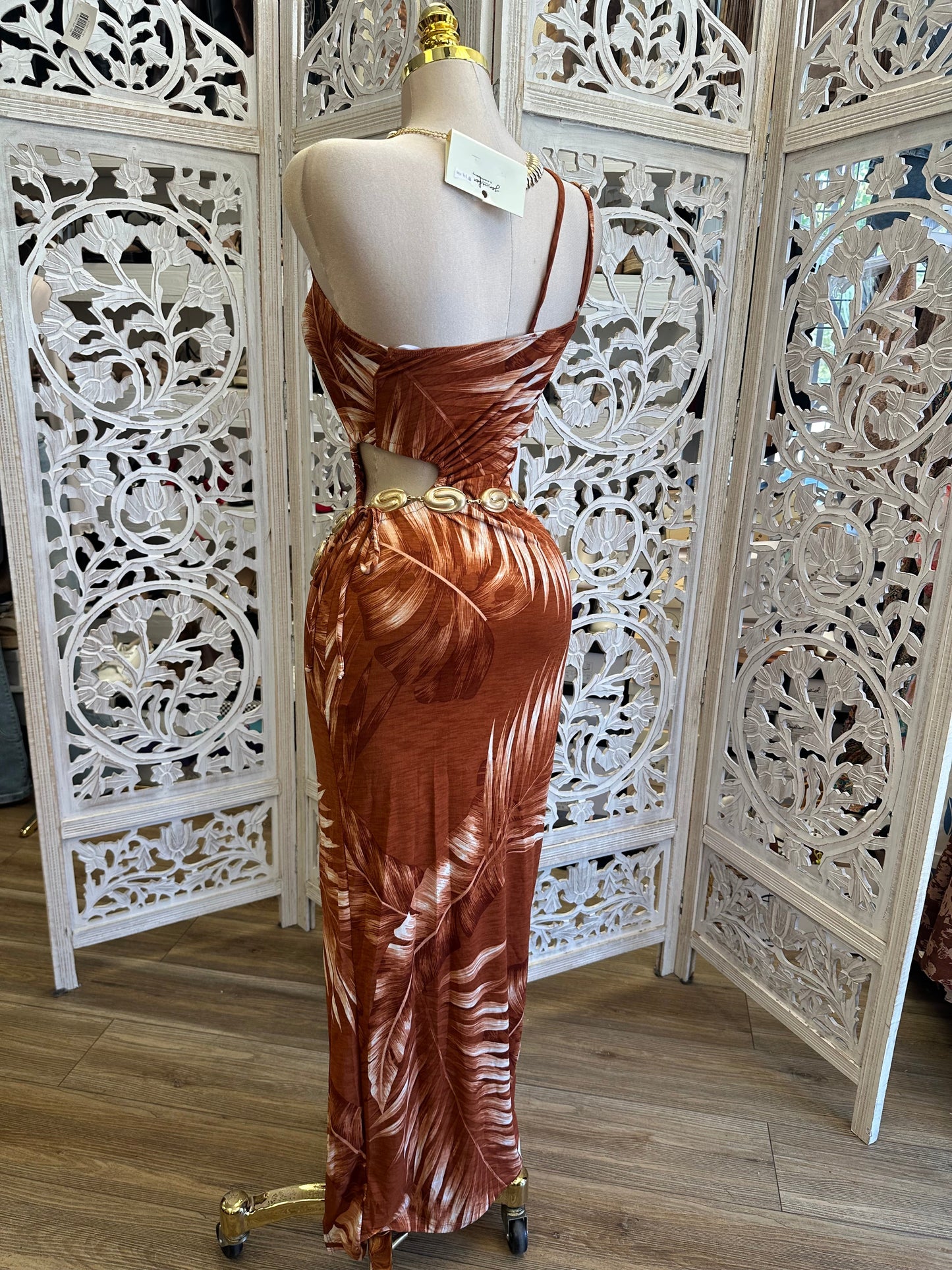 Brown Palm Leaves Dress- Estira, Stretchy