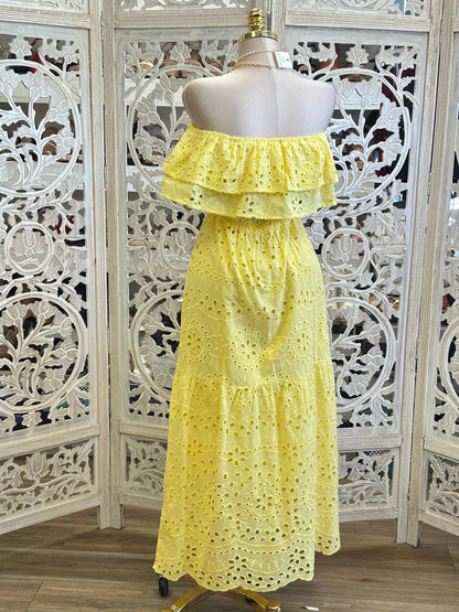 Sunny Yellow Eyelet Maxi Dress - Estira, Stretchy