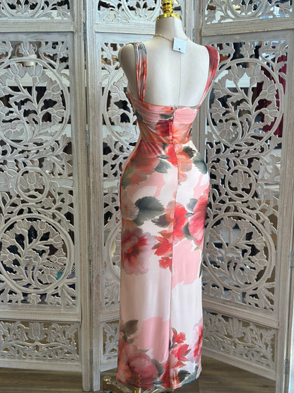 Paintbrush Pink Floral Midi Dress- Not Stretchy, No Estira