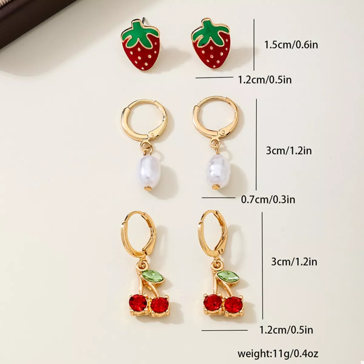 3 Piece 18K Gold-Plated Strawberry Cherry and Pearl Earrings