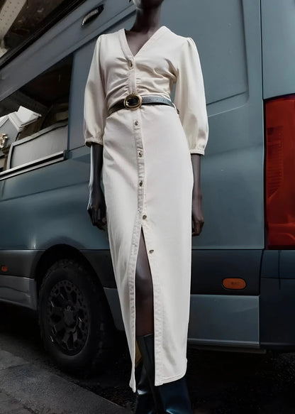 ELLE BUTTON-FRONT MIDI DRESS