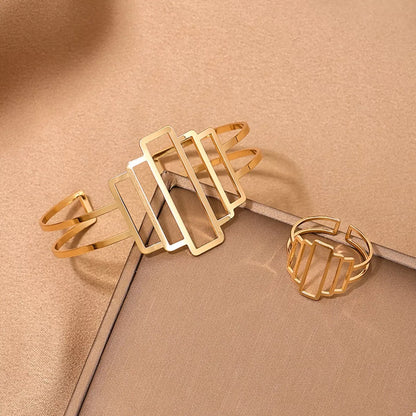 18K Gold-Plated Open Bracelet and Ring Jewelry Set